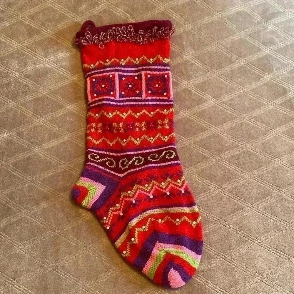 Crochet Christmas Stocking with Breading.  Red with Pink, Purple, Green & White.